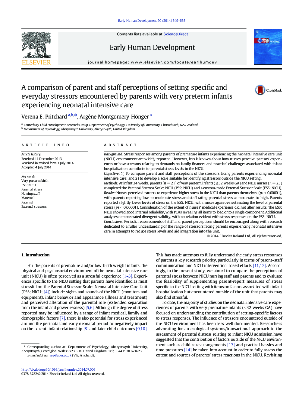 A comparison of parent and staff perceptions of setting-specific and everyday stressors encountered by parents with very preterm infants experiencing neonatal intensive care