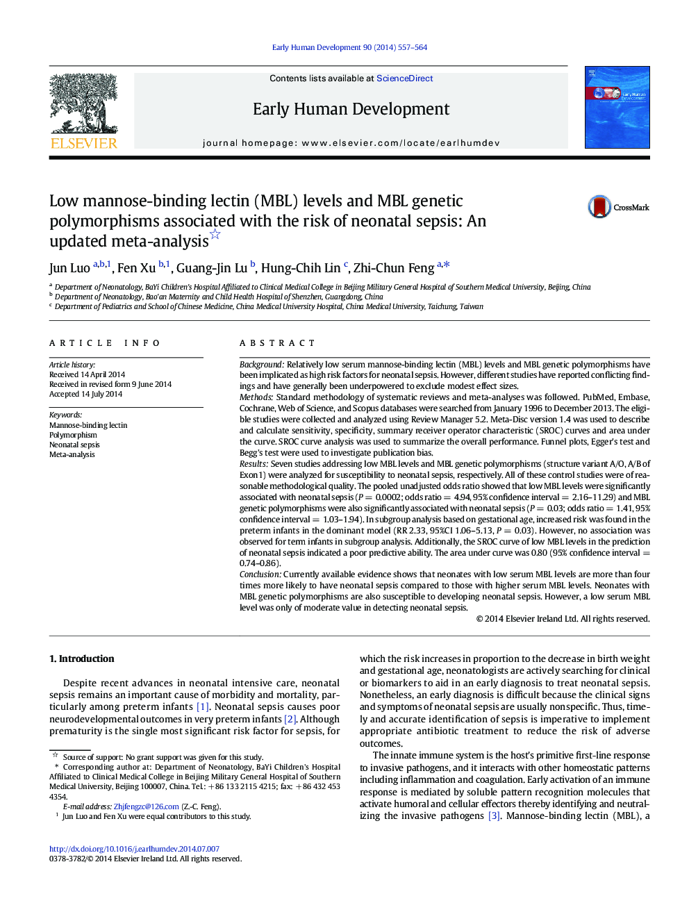 Low mannose-binding lectin (MBL) levels and MBL genetic polymorphisms associated with the risk of neonatal sepsis: An updated meta-analysis 