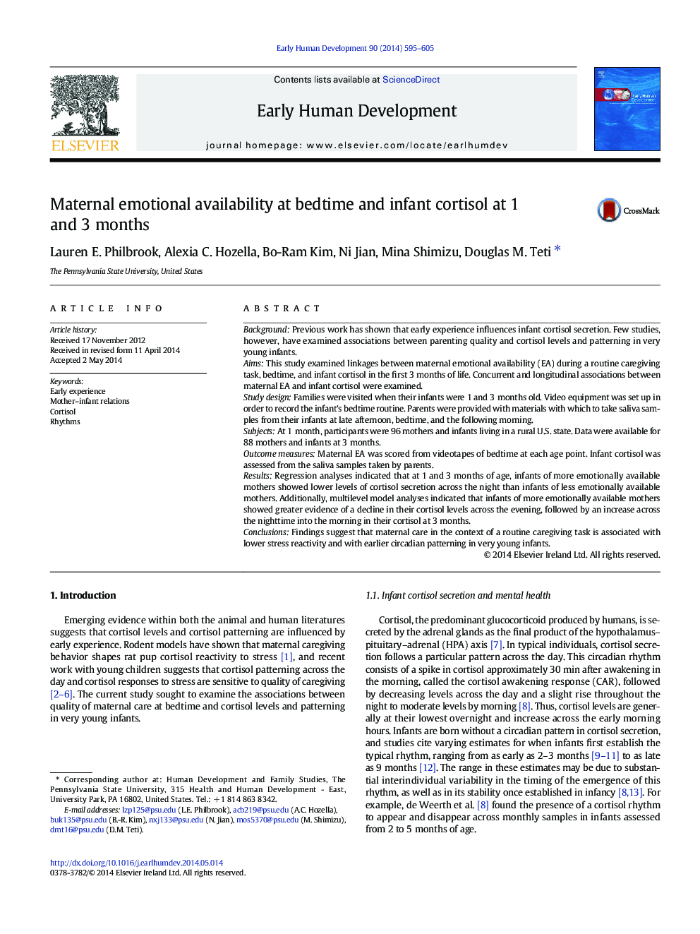 Maternal emotional availability at bedtime and infant cortisol at 1 and 3 months