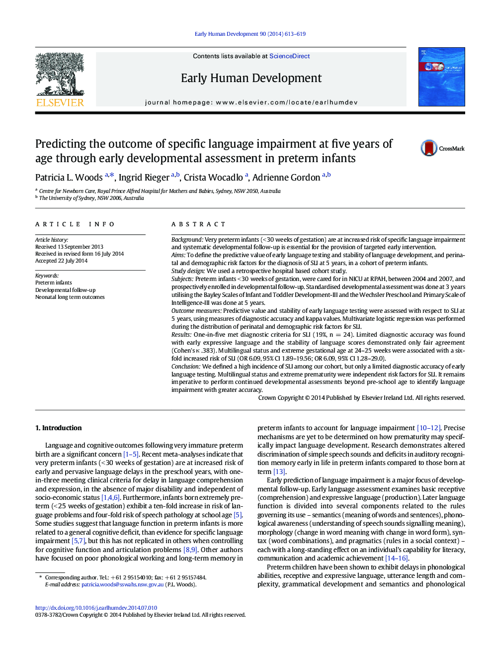 Predicting the outcome of specific language impairment at five years of age through early developmental assessment in preterm infants