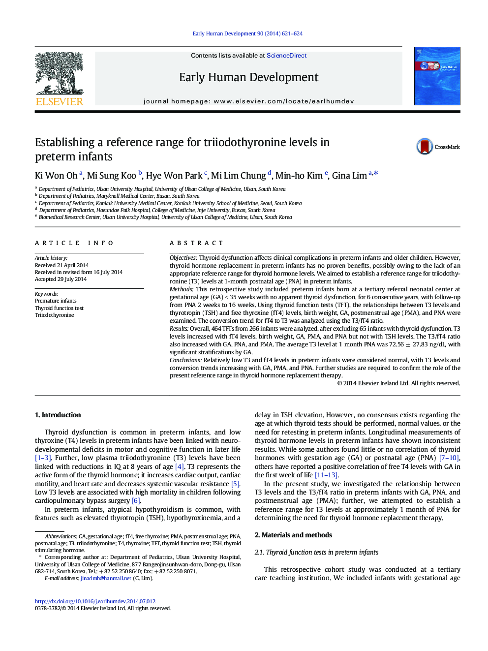 Establishing a reference range for triiodothyronine levels in preterm infants