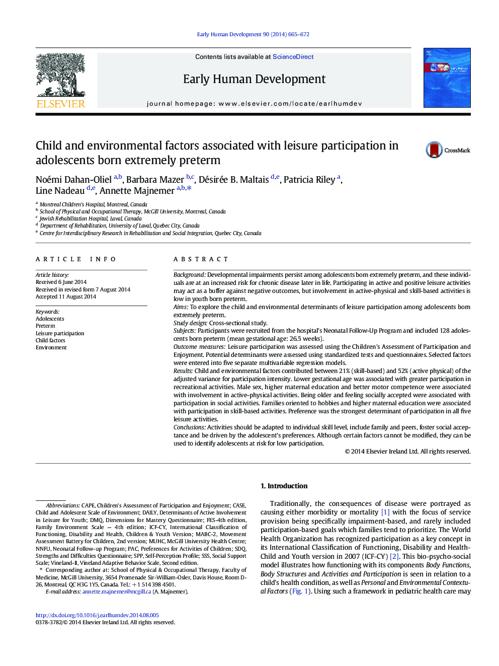 Child and environmental factors associated with leisure participation in adolescents born extremely preterm