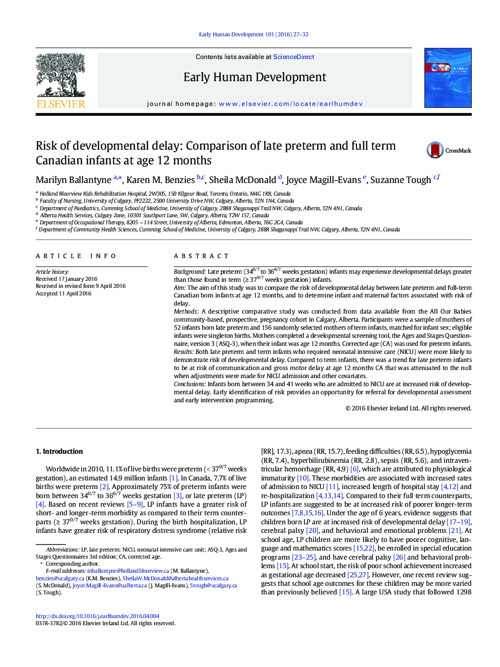 Risk of developmental delay: Comparison of late preterm and full term Canadian infants at age 12 months