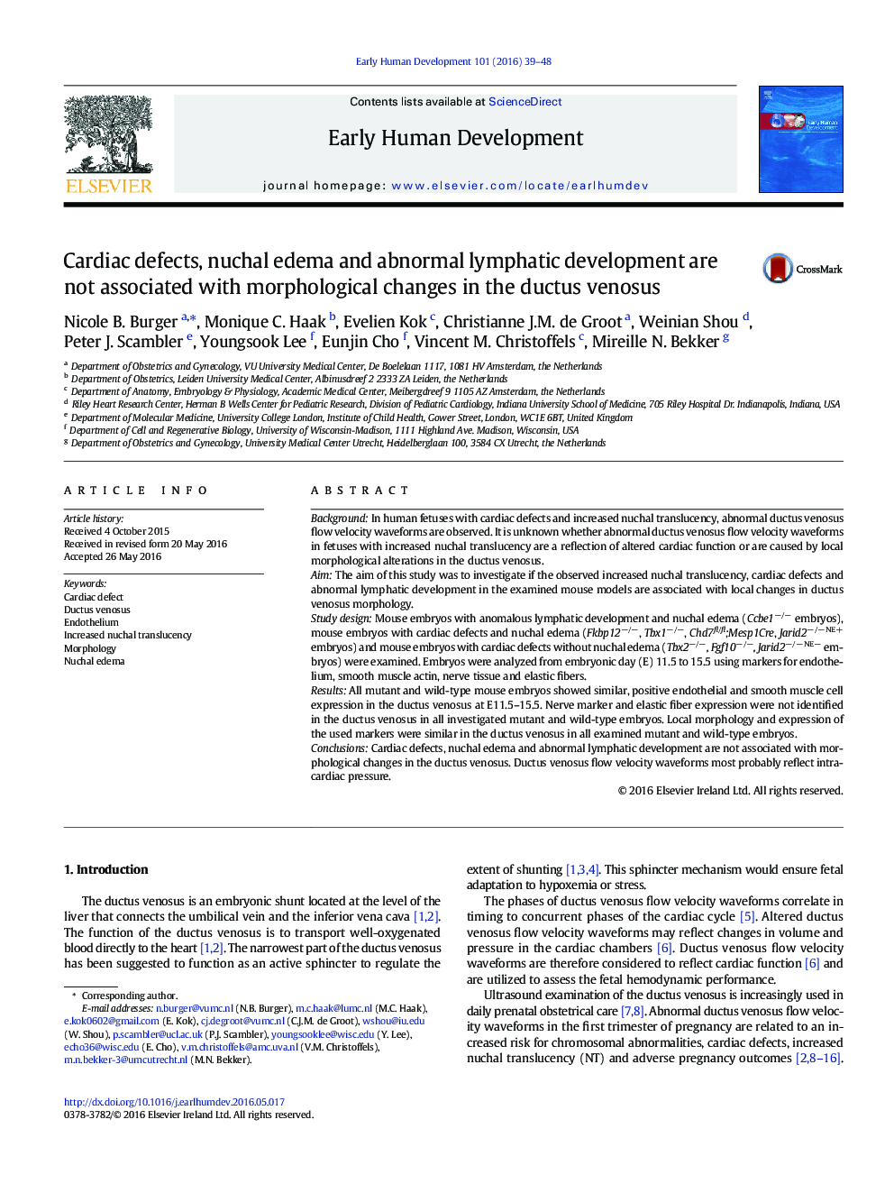 Cardiac defects, nuchal edema and abnormal lymphatic development are not associated with morphological changes in the ductus venosus