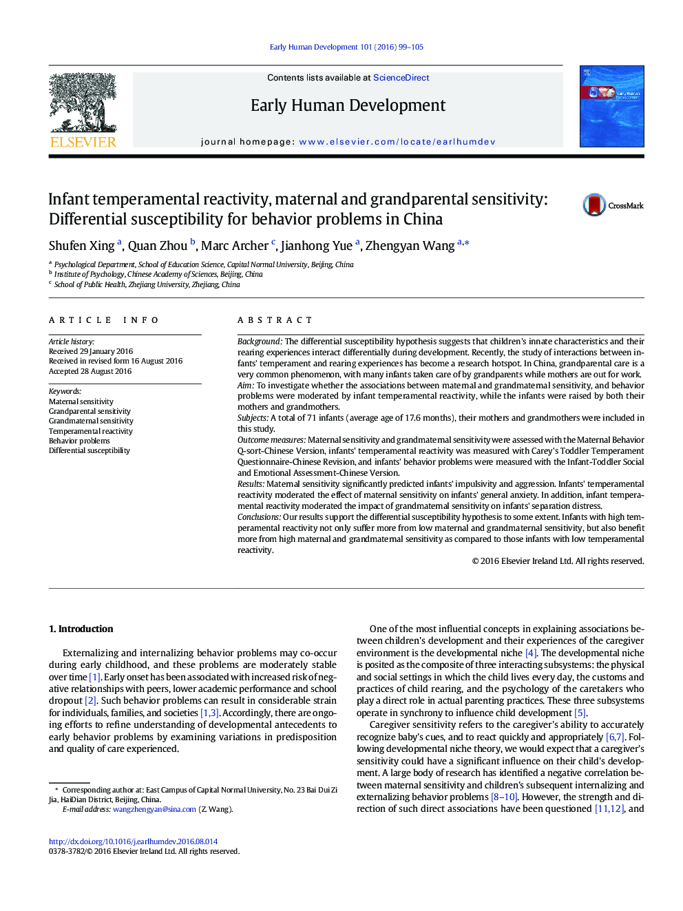 Infant temperamental reactivity, maternal and grandparental sensitivity: Differential susceptibility for behavior problems in China