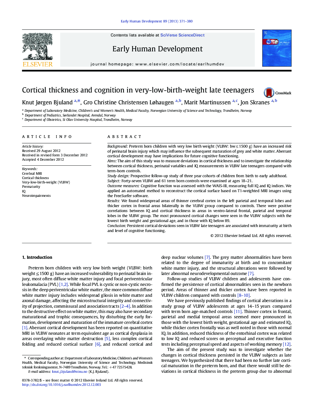 Cortical thickness and cognition in very-low-birth-weight late teenagers