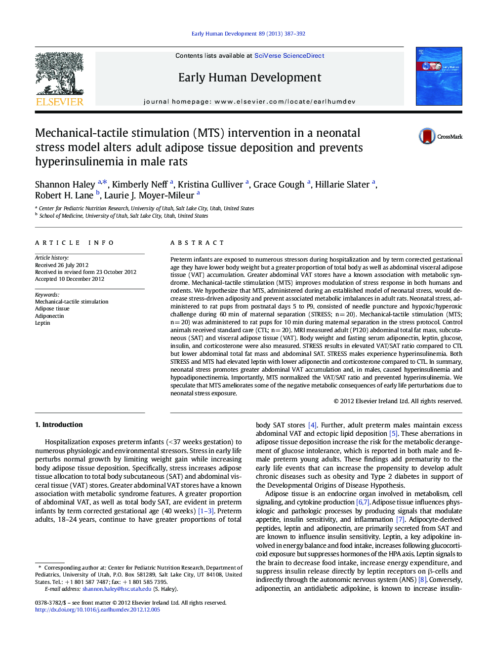 Mechanical-tactile stimulation (MTS) intervention in a neonatal stress model alters adult adipose tissue deposition and prevents hyperinsulinemia in male rats