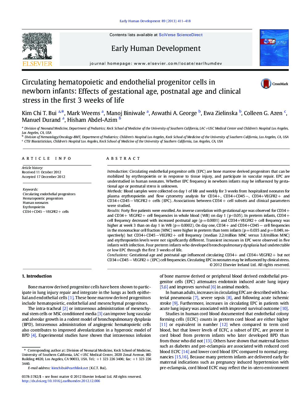 Circulating hematopoietic and endothelial progenitor cells in newborn infants: Effects of gestational age, postnatal age and clinical stress in the first 3 weeks of life