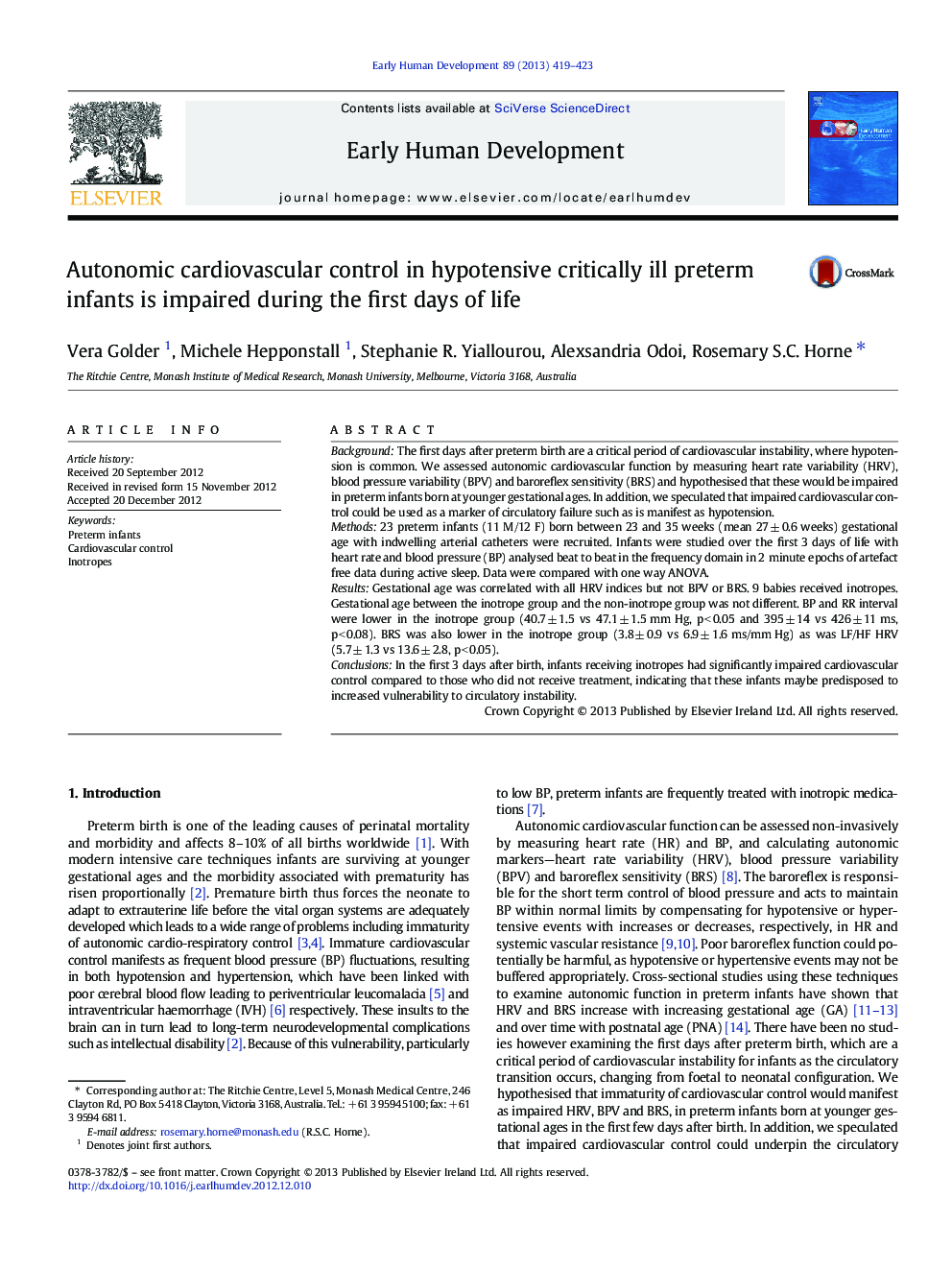 Autonomic cardiovascular control in hypotensive critically ill preterm infants is impaired during the first days of life