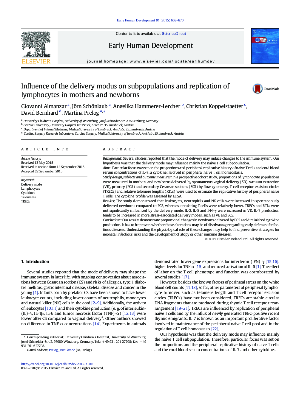 Influence of the delivery modus on subpopulations and replication of lymphocytes in mothers and newborns