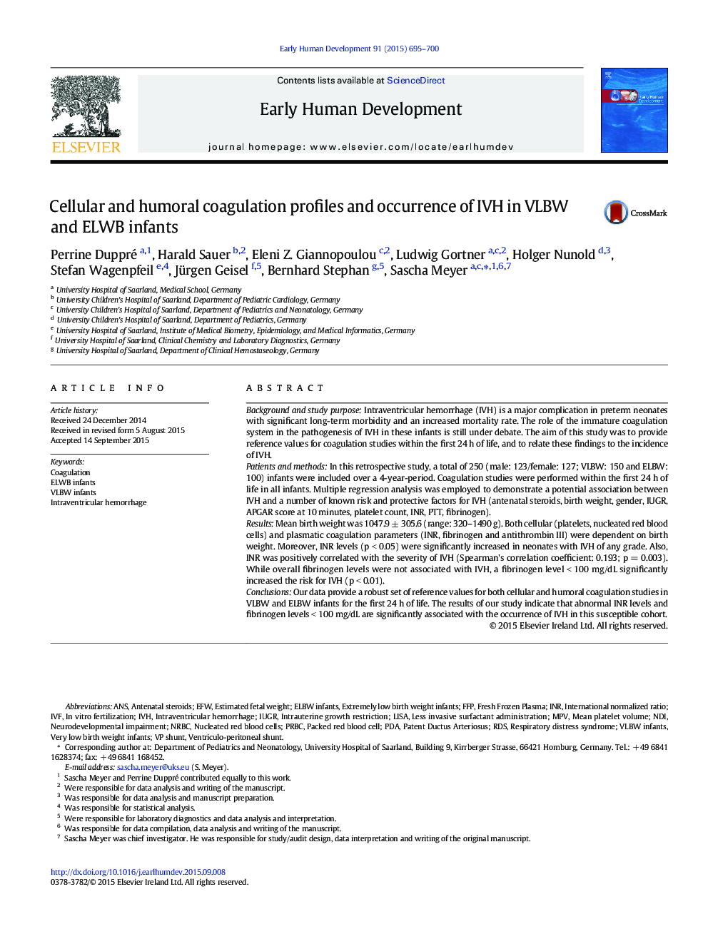 Cellular and humoral coagulation profiles and occurrence of IVH in VLBW and ELWB infants