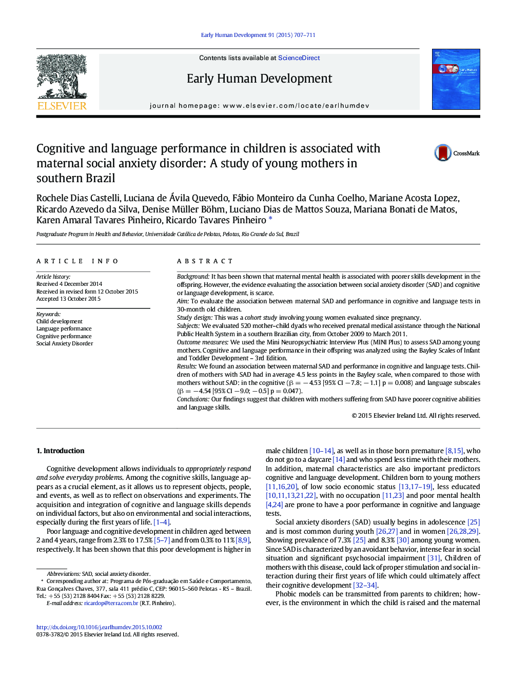 Cognitive and language performance in children is associated with maternal social anxiety disorder: A study of young mothers in southern Brazil