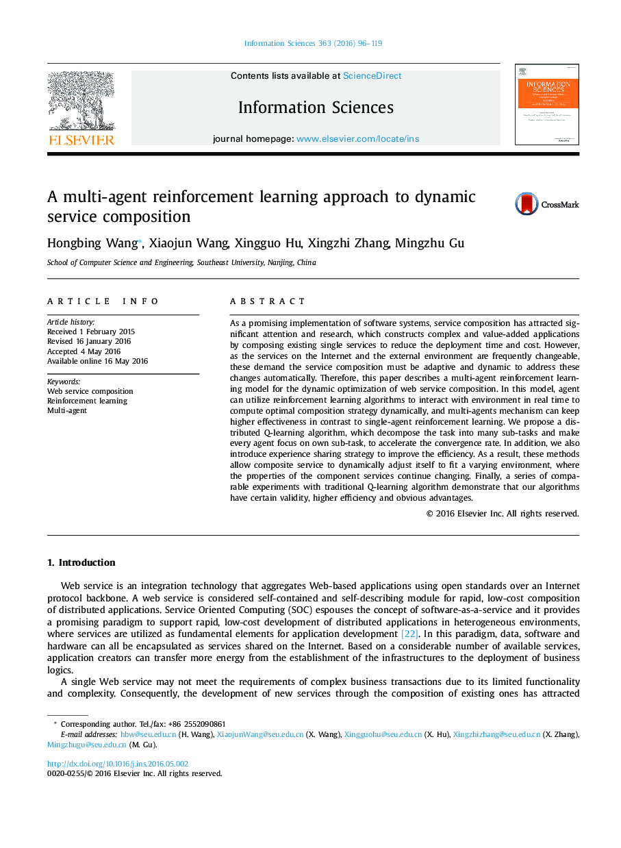 A multi-agent reinforcement learning approach to dynamic service composition