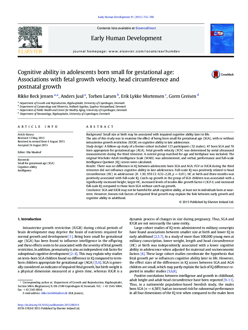 Cognitive ability in adolescents born small for gestational age: Associations with fetal growth velocity, head circumference and postnatal growth