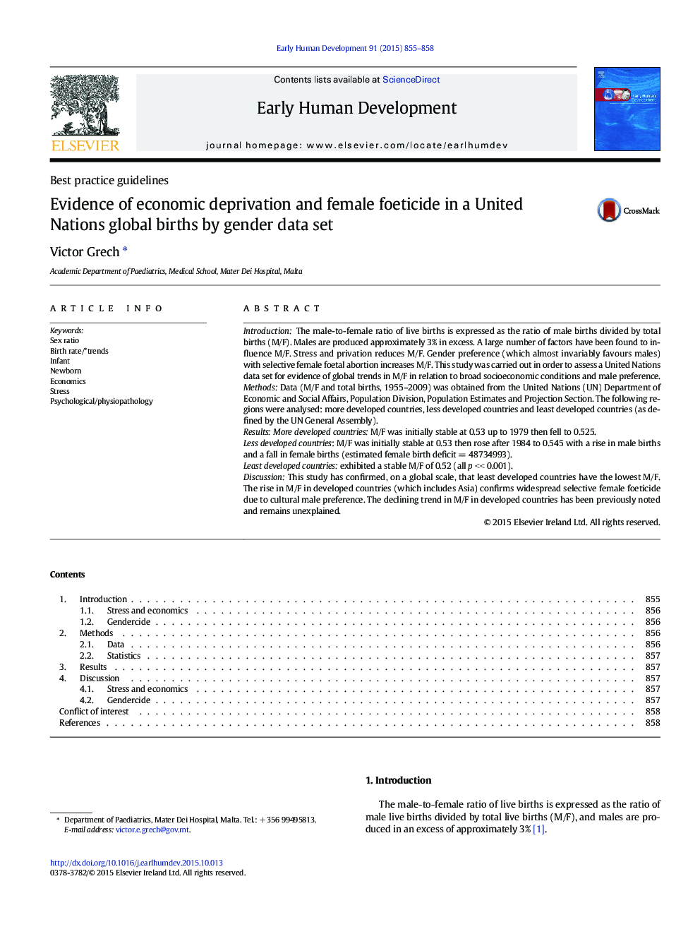 Evidence of economic deprivation and female foeticide in a United Nations global births by gender data set