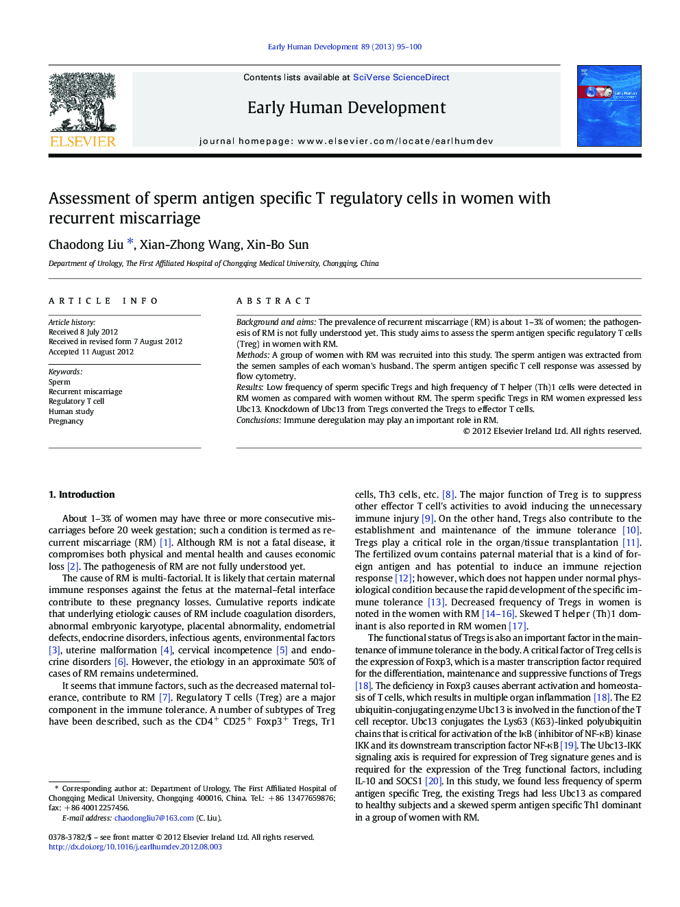 Assessment of sperm antigen specific T regulatory cells in women with recurrent miscarriage