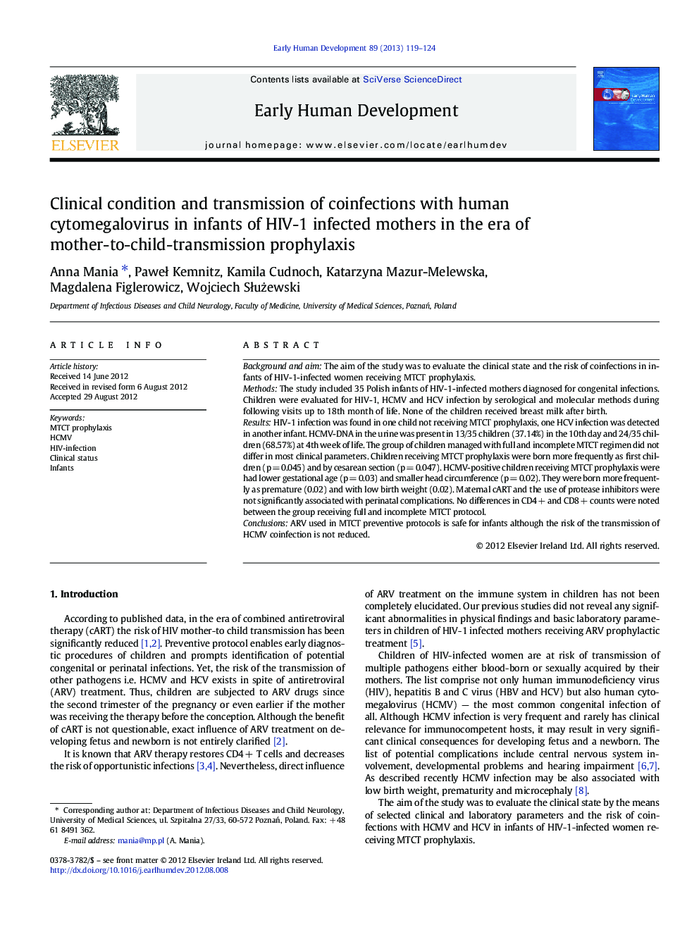 Clinical condition and transmission of coinfections with human cytomegalovirus in infants of HIV-1 infected mothers in the era of mother-to-child-transmission prophylaxis