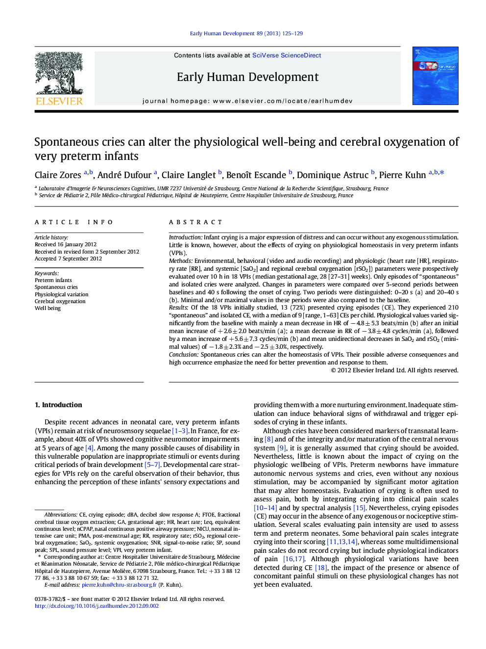 Spontaneous cries can alter the physiological well-being and cerebral oxygenation of very preterm infants