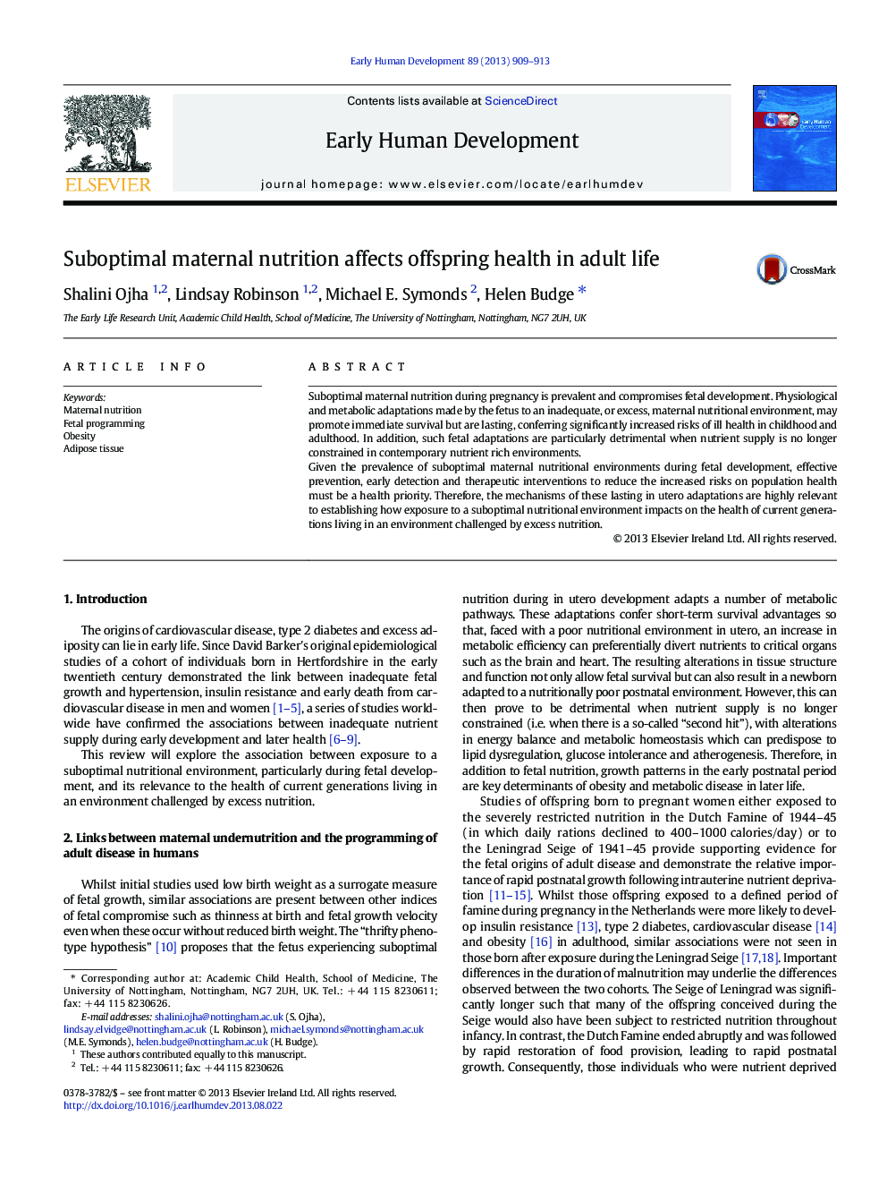 Suboptimal maternal nutrition affects offspring health in adult life