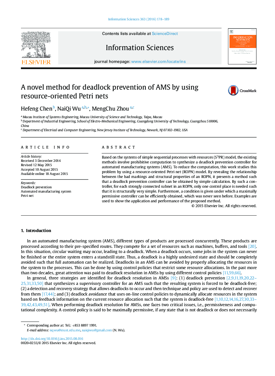 A novel method for deadlock prevention of AMS by using resource-oriented Petri nets
