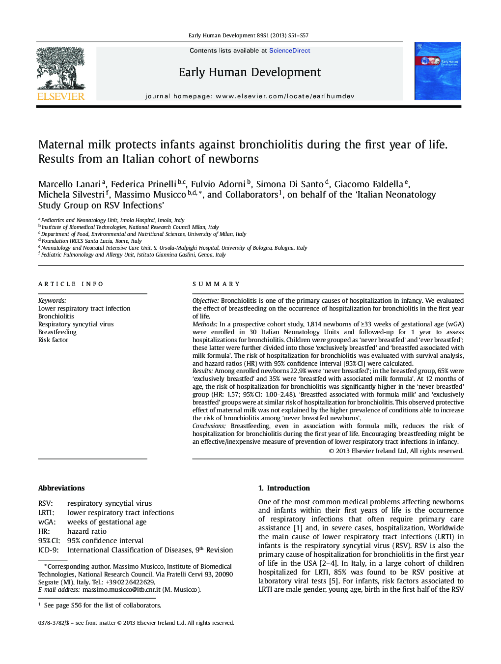 Maternal milk protects infants against bronchiolitis during the first year of life. Results from an Italian cohort of newborns