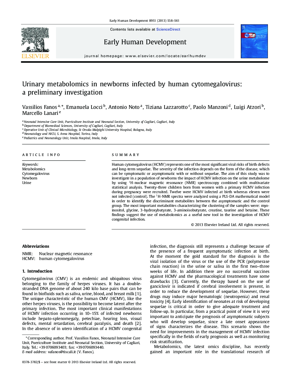 Urinary metabolomics in newborns infected by human cytomegalovirus: a preliminary investigation