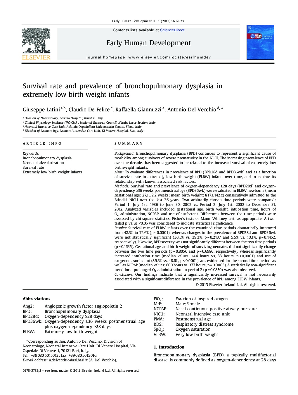 Survival rate and prevalence of bronchopulmonary dysplasia in extremely low birth weight infants