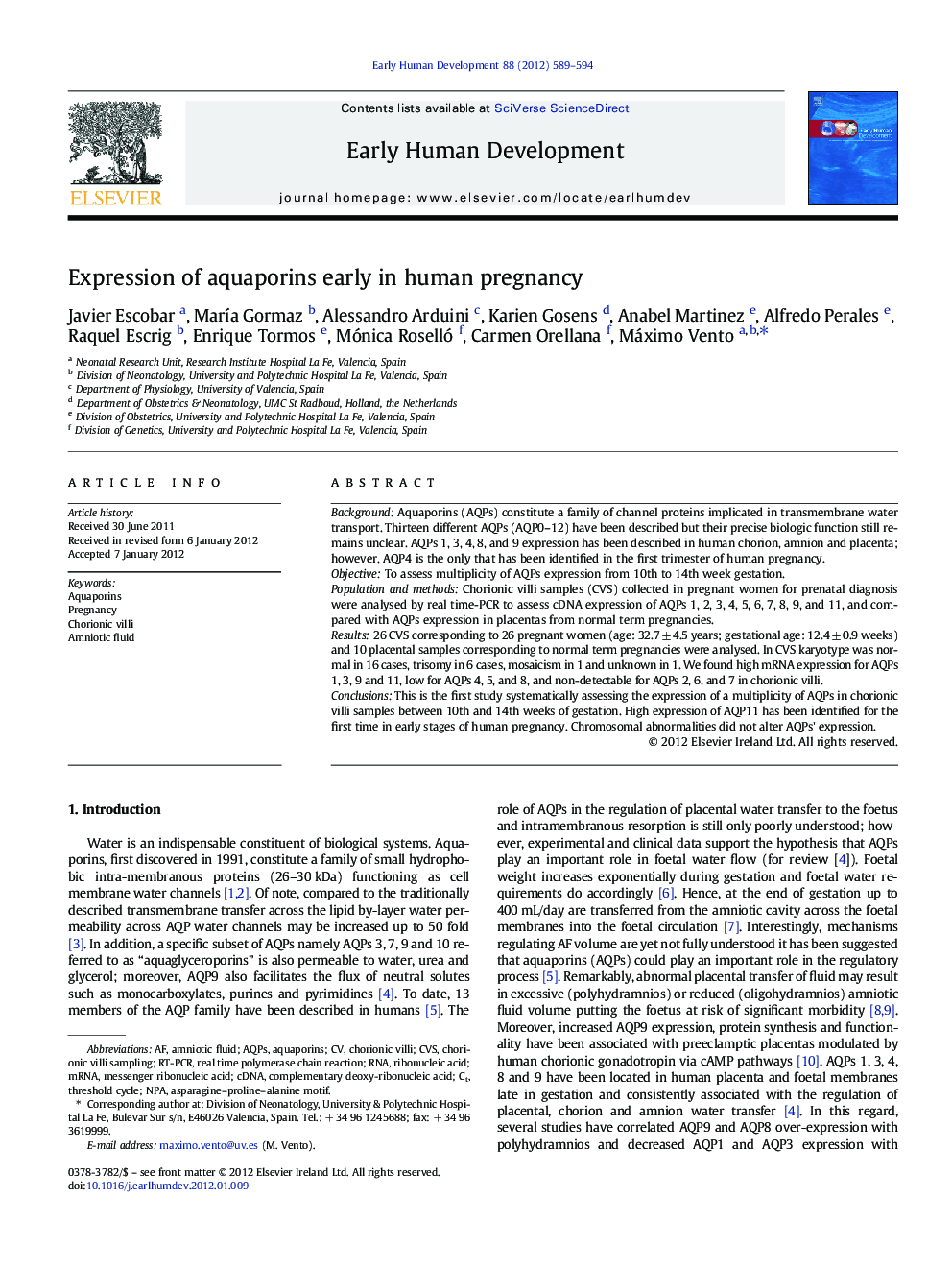 Expression of aquaporins early in human pregnancy