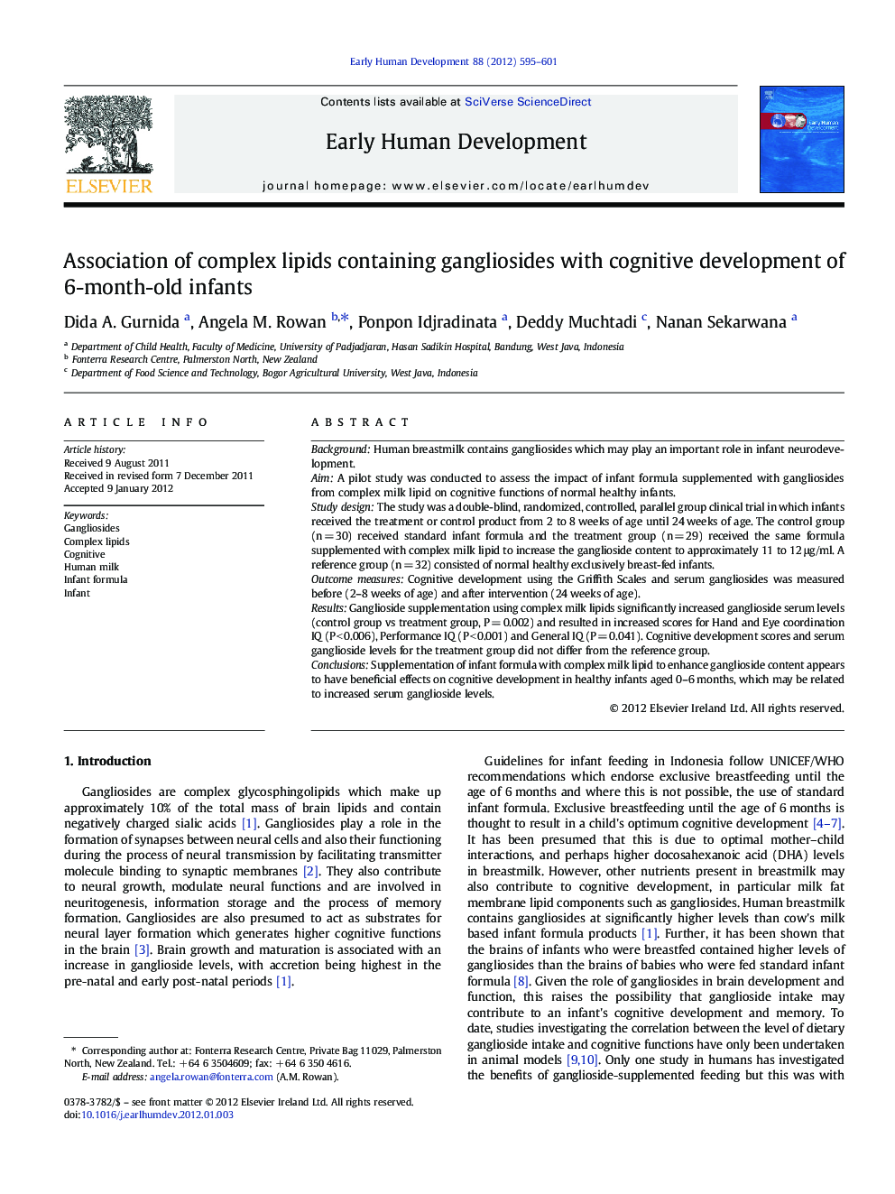 Association of complex lipids containing gangliosides with cognitive development of 6-month-old infants