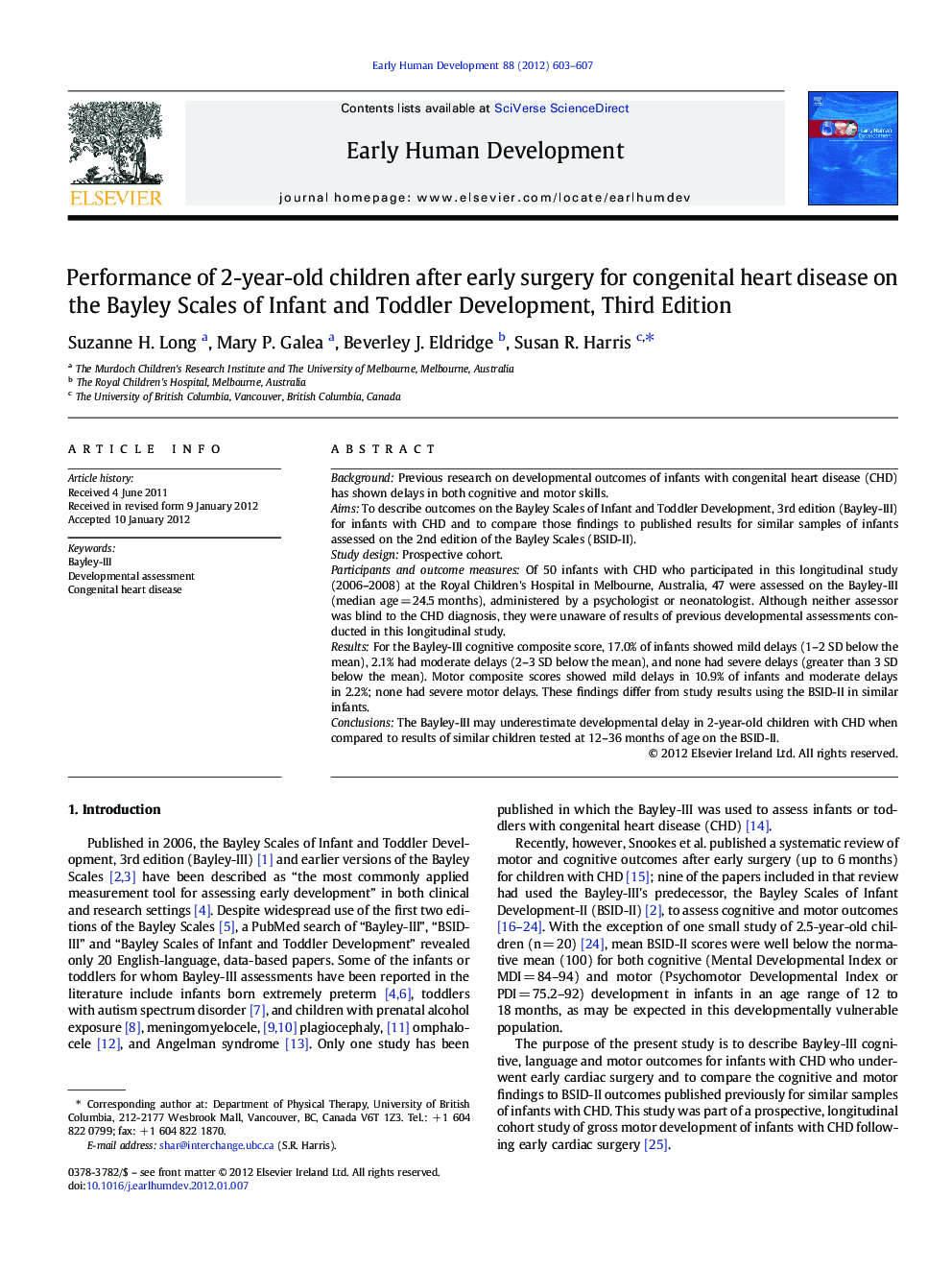 Performance of 2-year-old children after early surgery for congenital heart disease on the Bayley Scales of Infant and Toddler Development, Third Edition