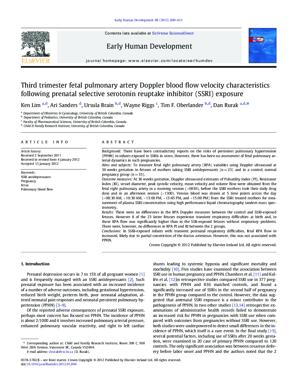 Third trimester fetal pulmonary artery Doppler blood flow velocity characteristics following prenatal selective serotonin reuptake inhibitor (SSRI) exposure