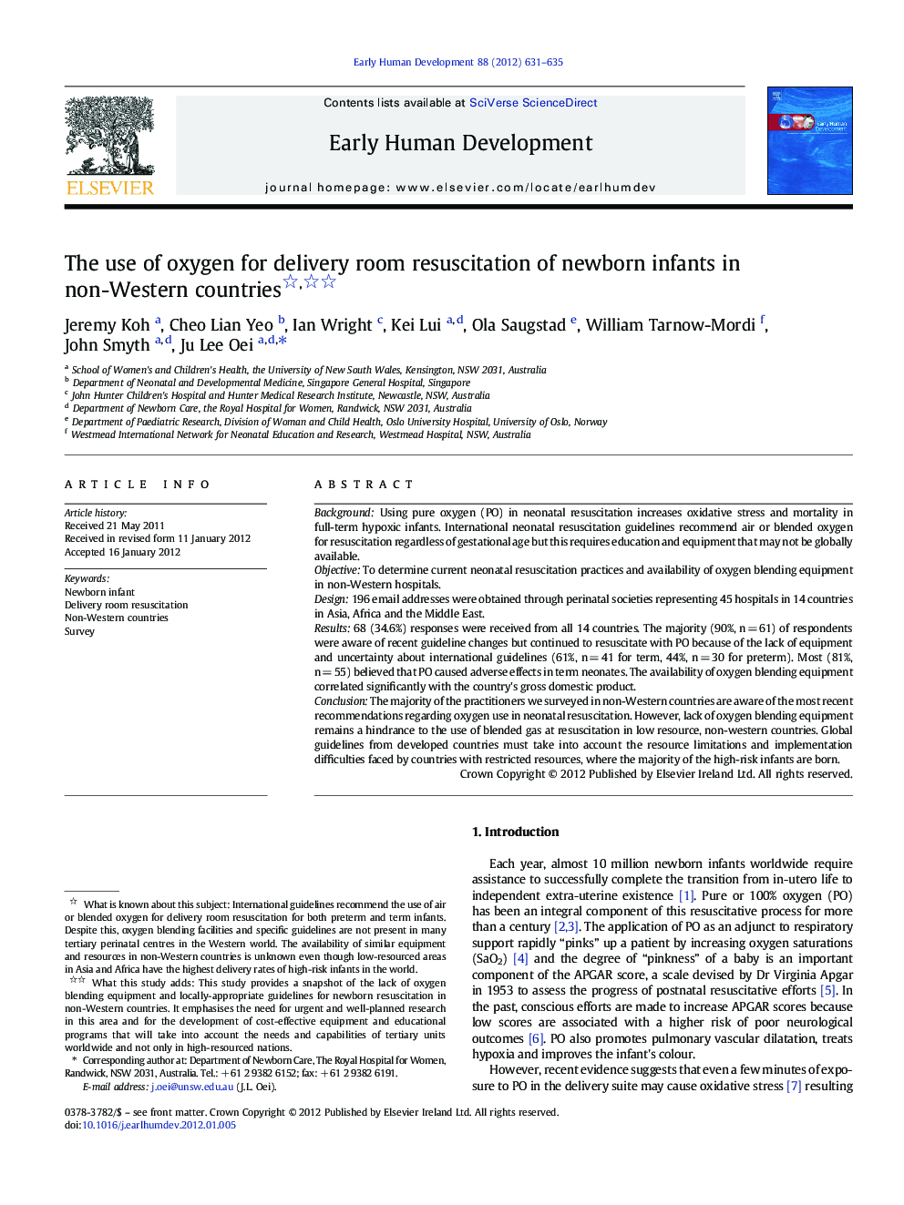 The use of oxygen for delivery room resuscitation of newborn infants in non-Western countries 