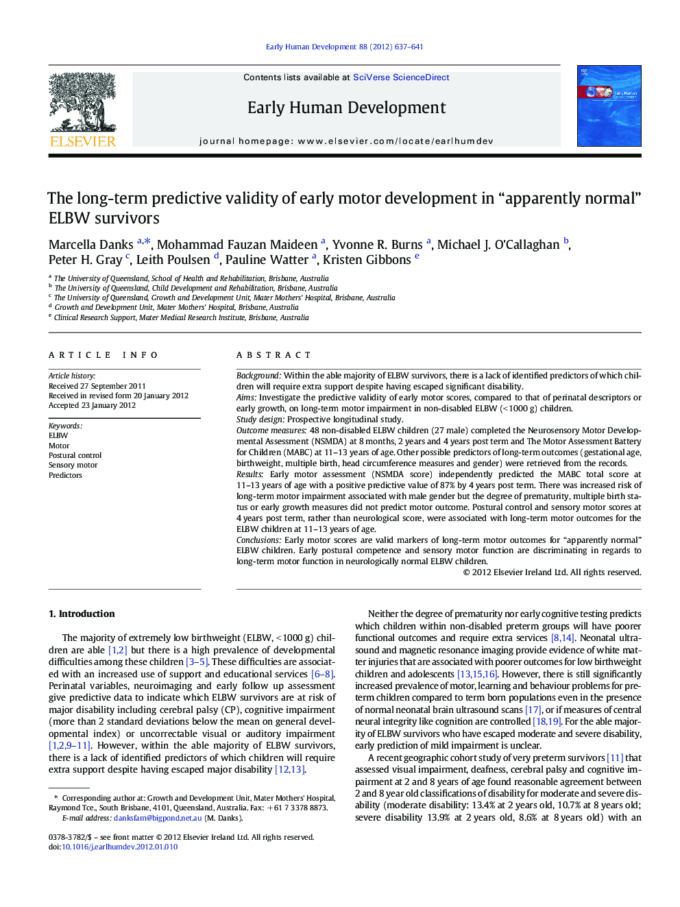 The long-term predictive validity of early motor development in “apparently normal” ELBW survivors