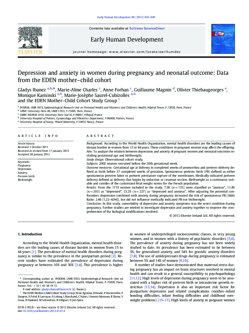 Depression and anxiety in women during pregnancy and neonatal outcome: Data from the EDEN mother–child cohort