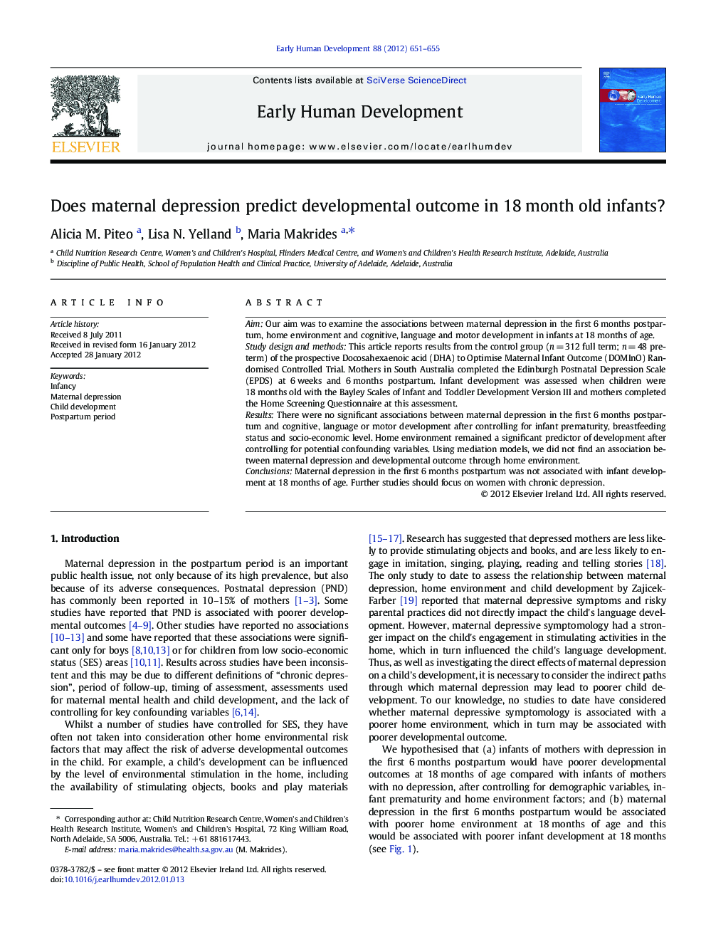 Does maternal depression predict developmental outcome in 18 month old infants?