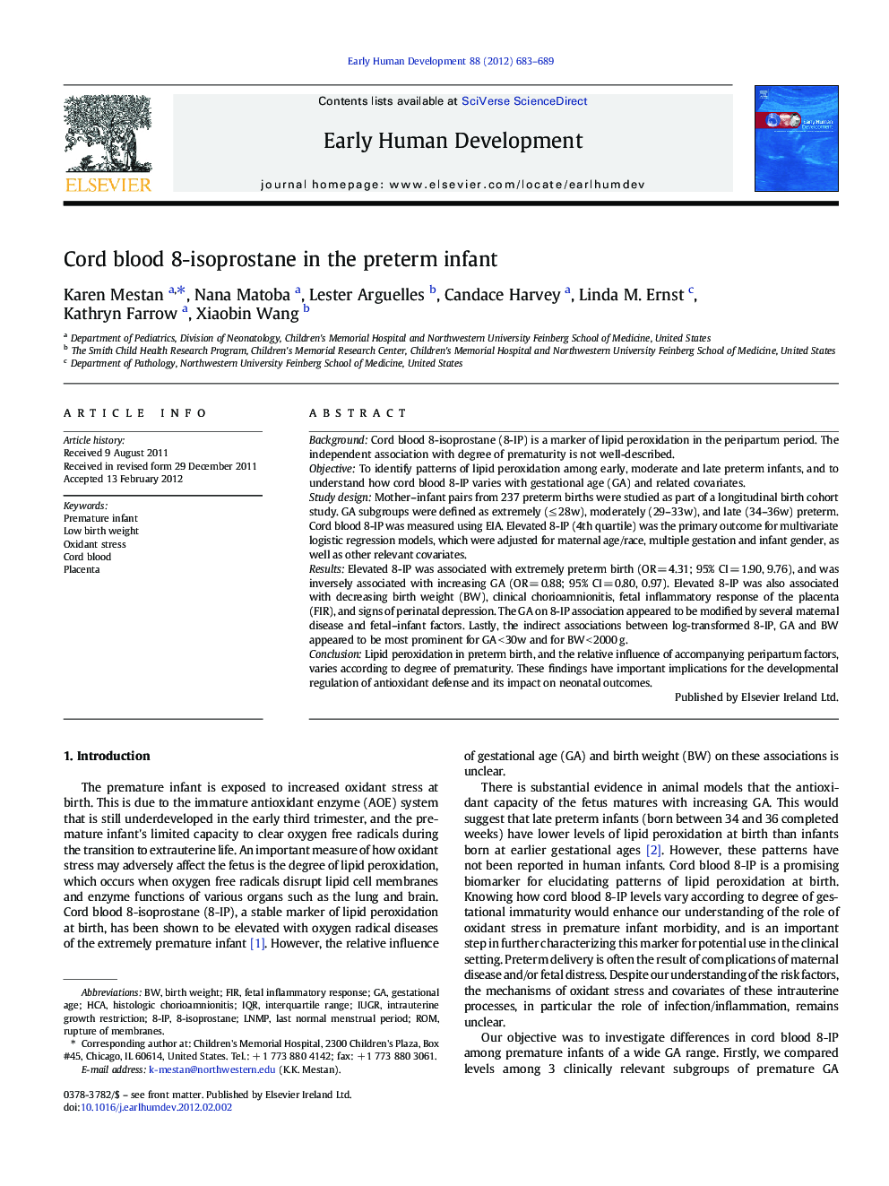 Cord blood 8-isoprostane in the preterm infant