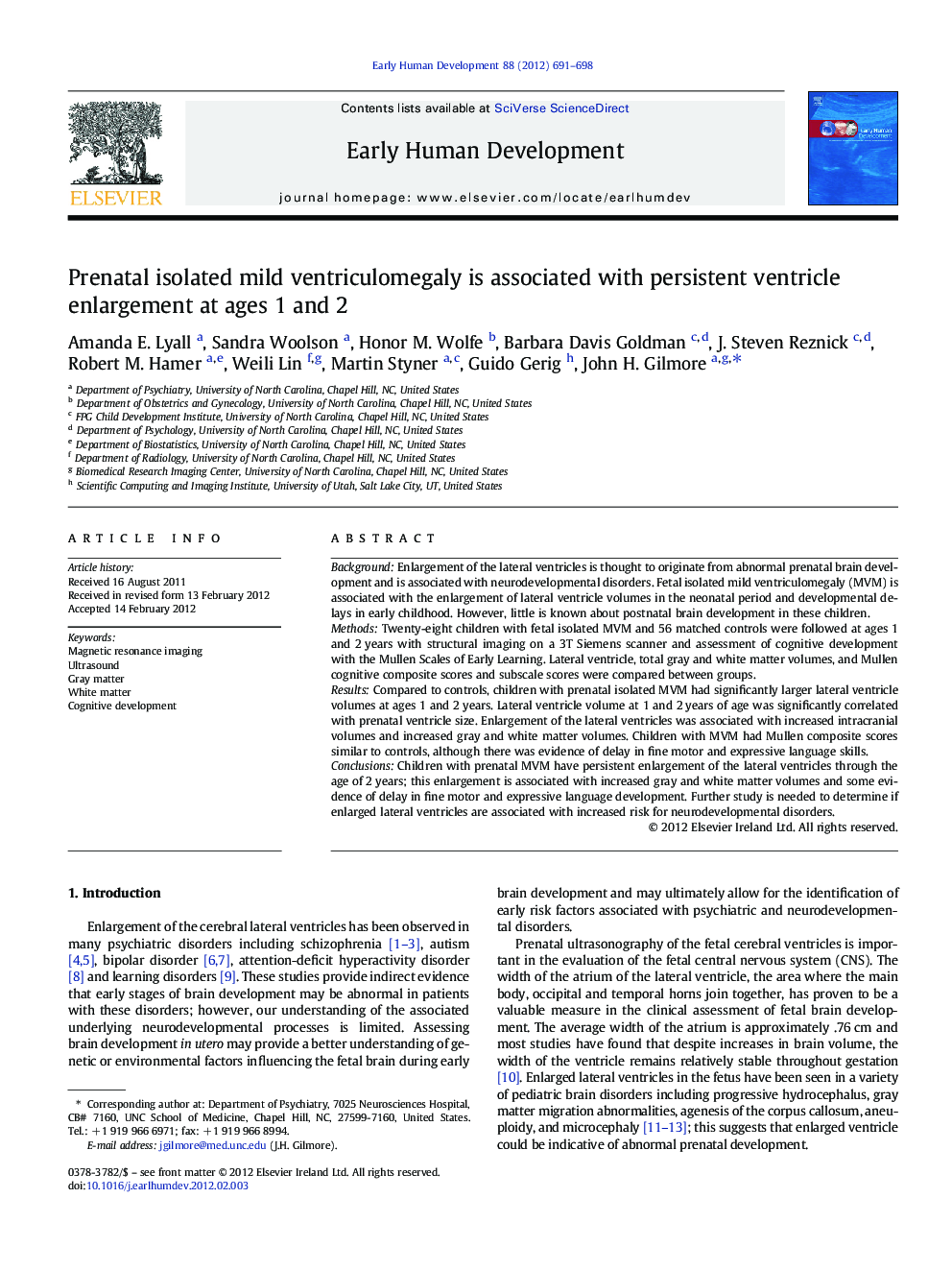 Prenatal isolated mild ventriculomegaly is associated with persistent ventricle enlargement at ages 1 and 2