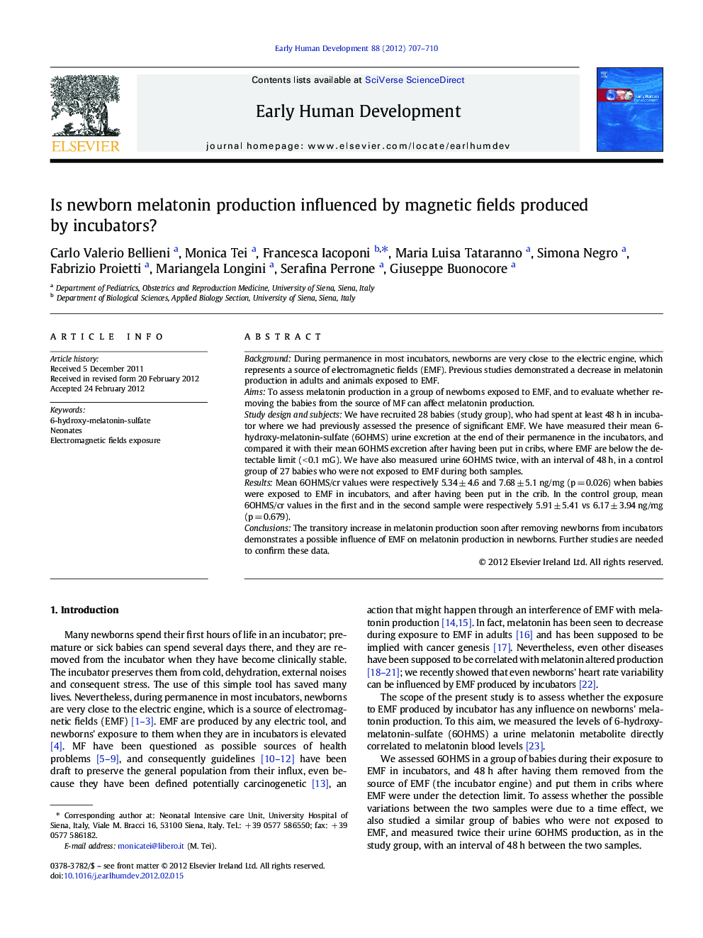 Is newborn melatonin production influenced by magnetic fields produced by incubators?