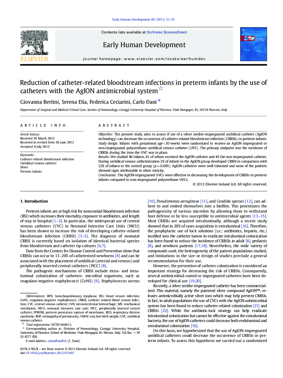 Reduction of catheter-related bloodstream infections in preterm infants by the use of catheters with the AgION antimicrobial system 