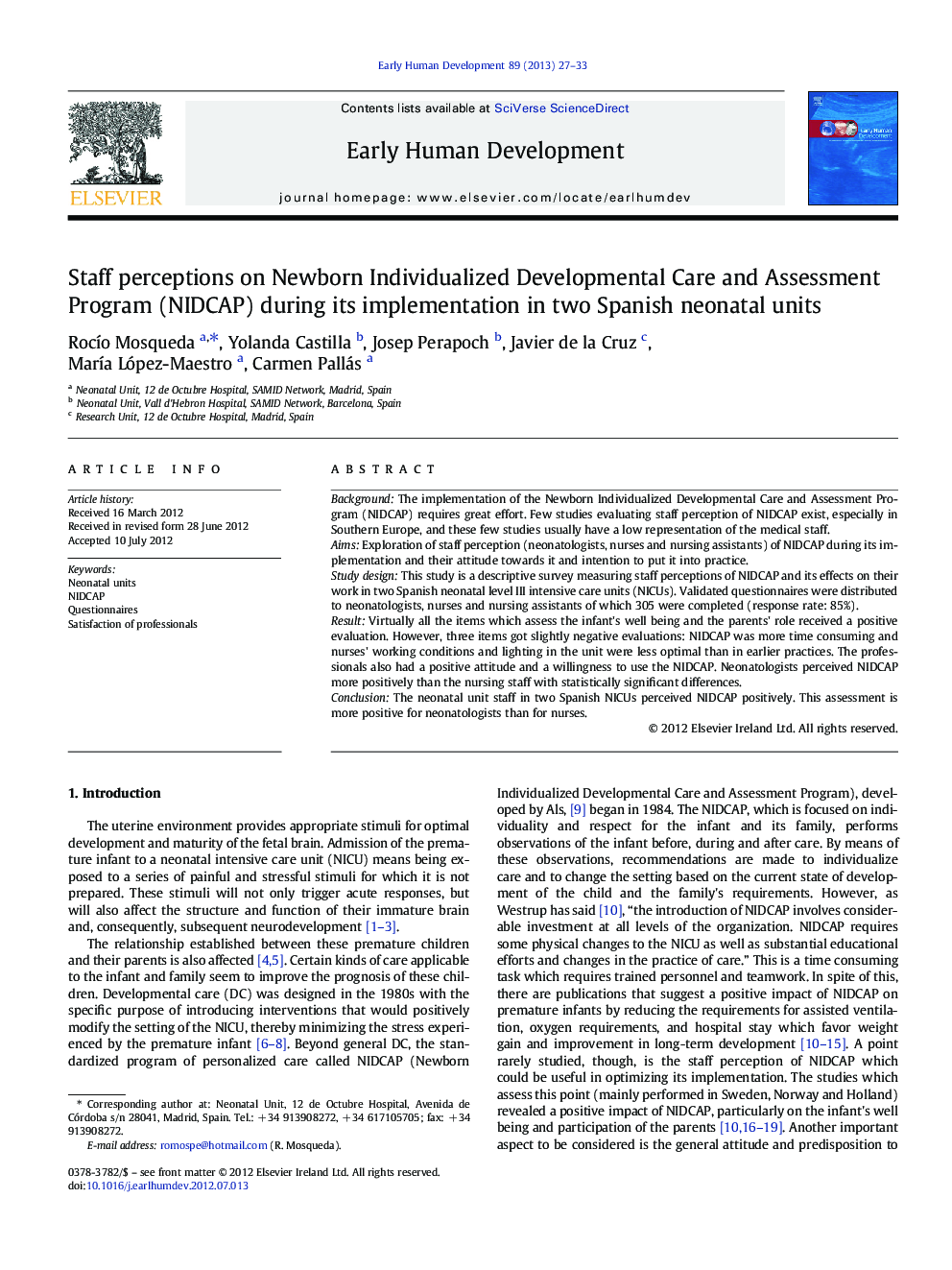 Staff perceptions on Newborn Individualized Developmental Care and Assessment Program (NIDCAP) during its implementation in two Spanish neonatal units