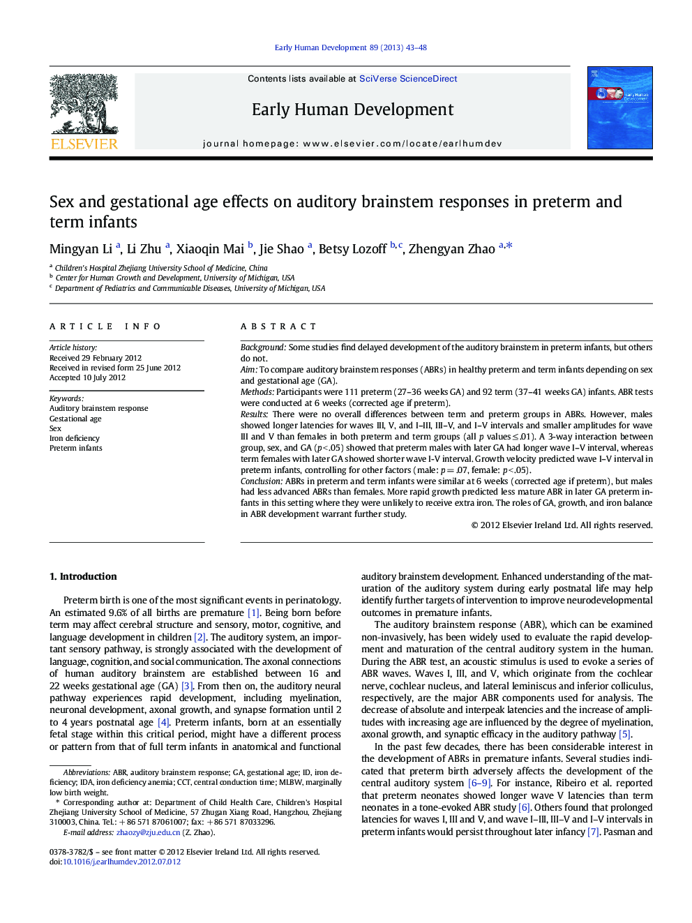 Sex and gestational age effects on auditory brainstem responses in preterm and term infants