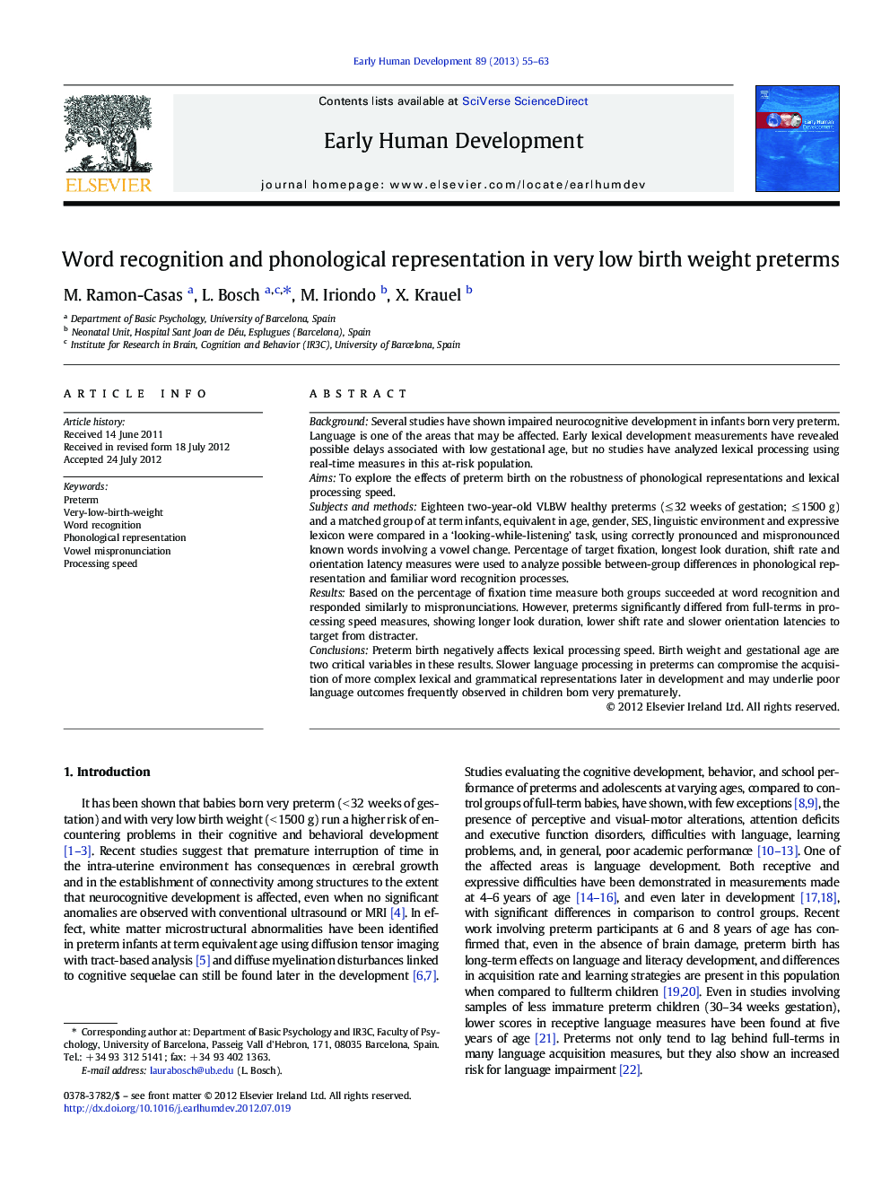 Word recognition and phonological representation in very low birth weight preterms