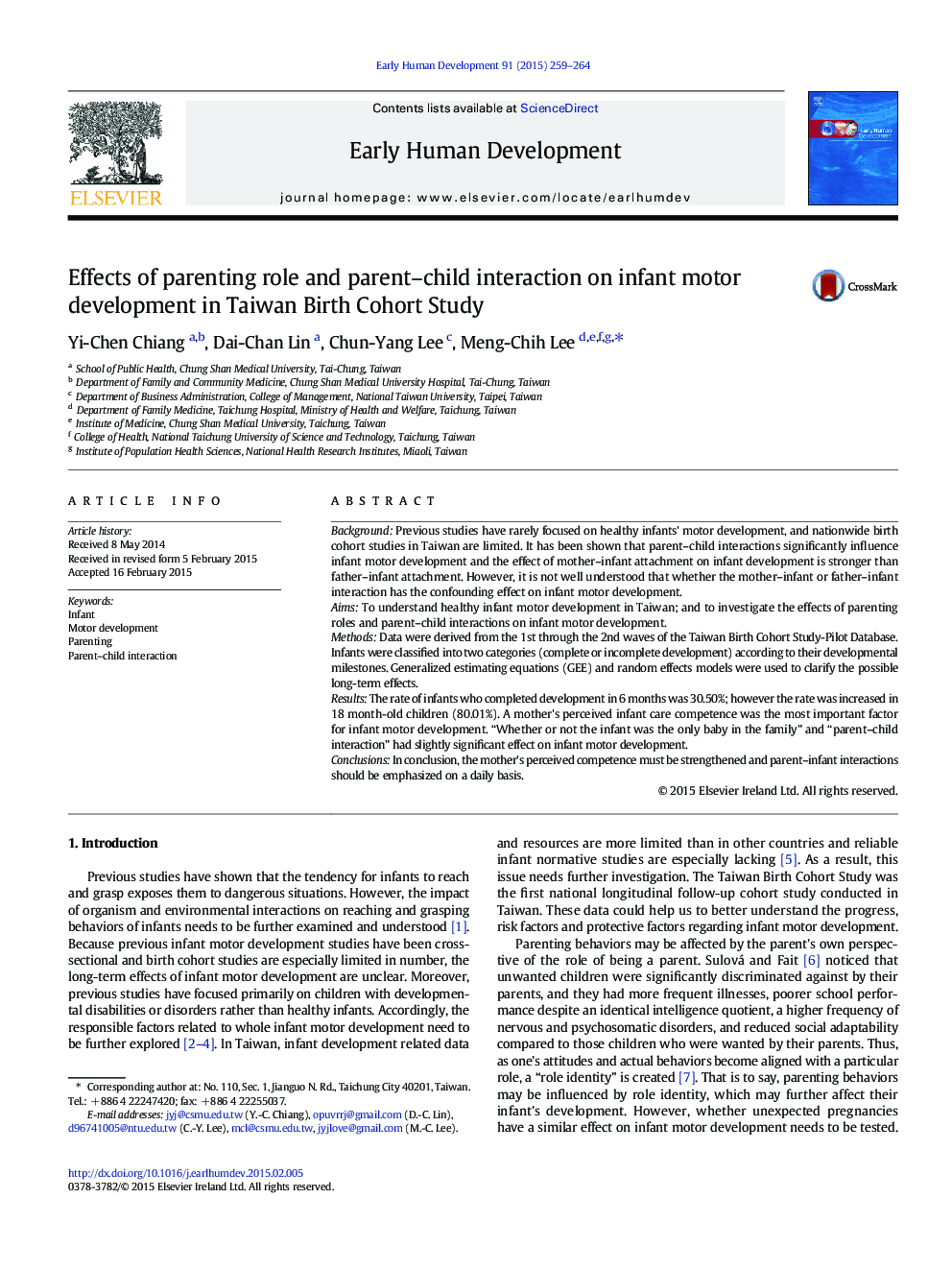 Effects of parenting role and parent–child interaction on infant motor development in Taiwan Birth Cohort Study