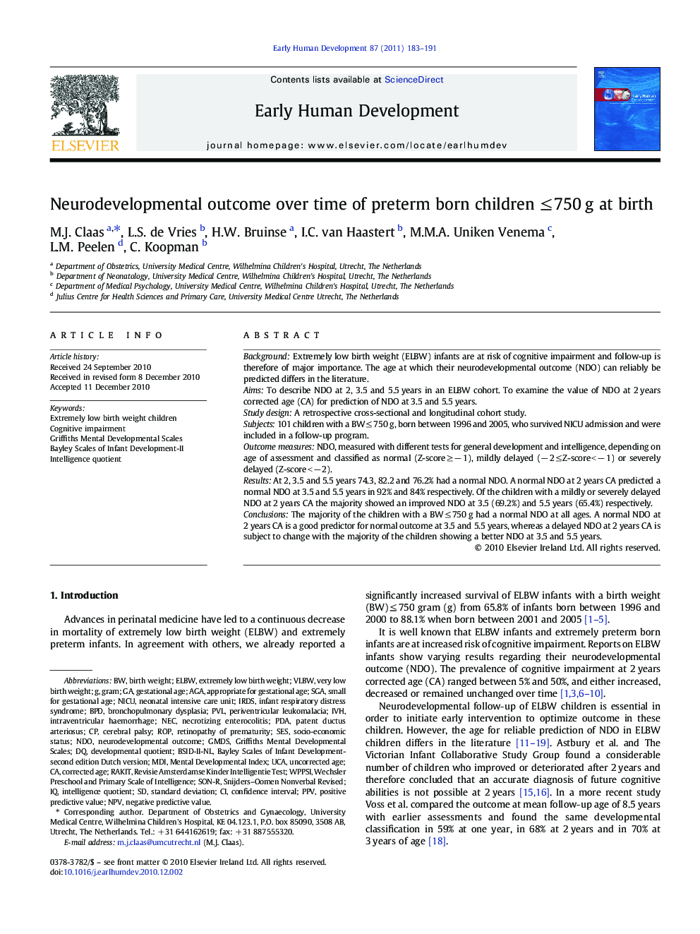 Neurodevelopmental outcome over time of preterm born children ≤ 750 g at birth