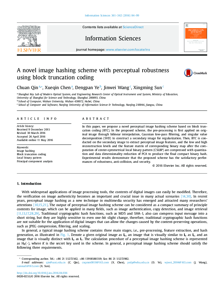 A novel image hashing scheme with perceptual robustness using block truncation coding
