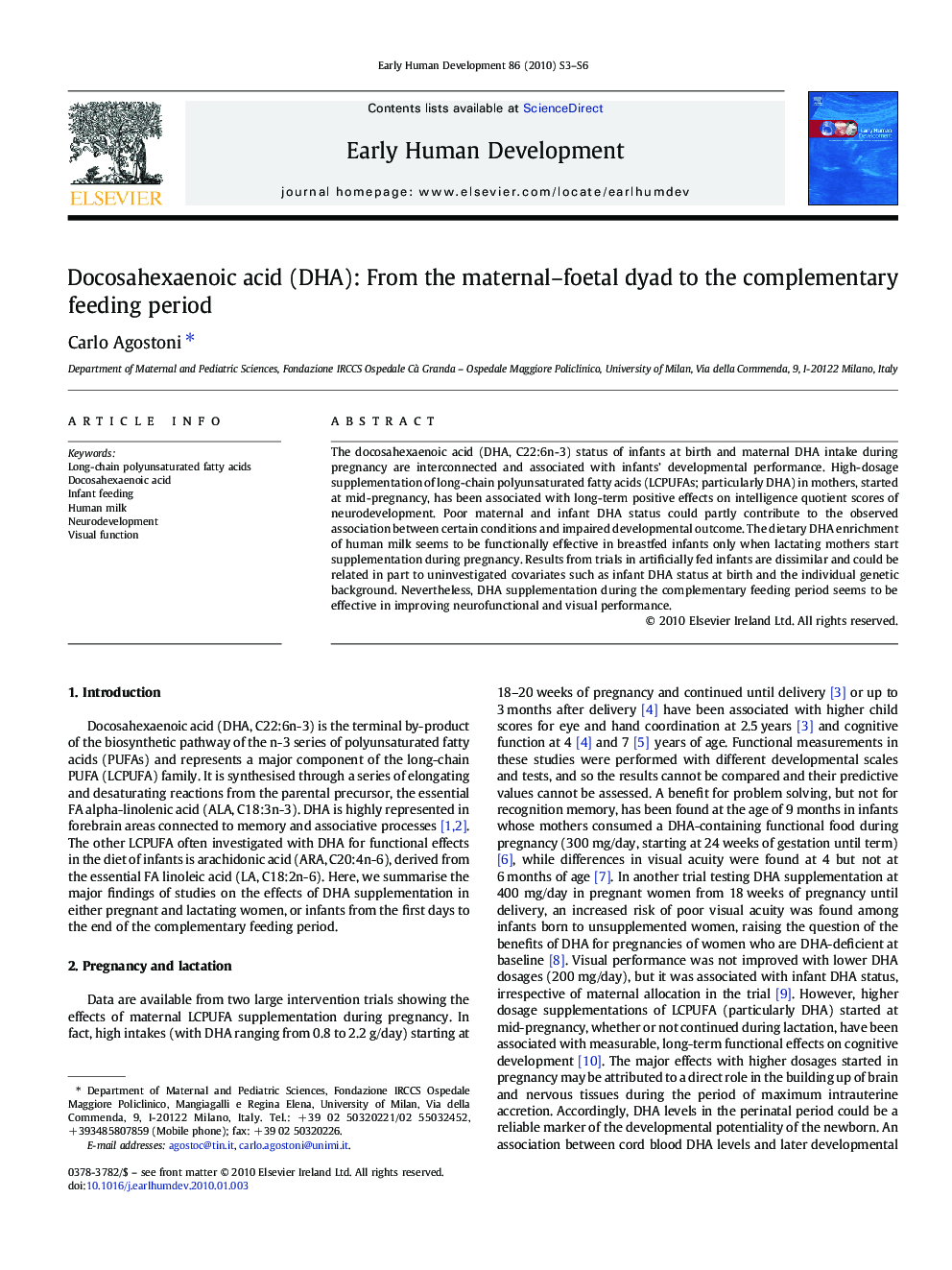 Docosahexaenoic acid (DHA): From the maternal–foetal dyad to the complementary feeding period