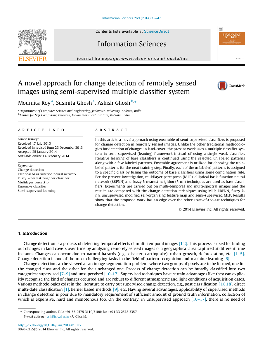 A novel approach for change detection of remotely sensed images using semi-supervised multiple classifier system
