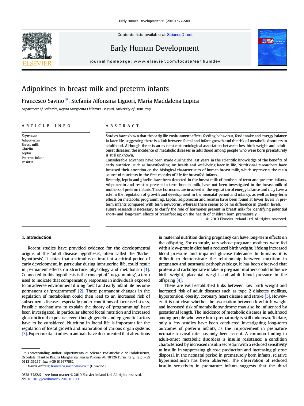 Adipokines in breast milk and preterm infants