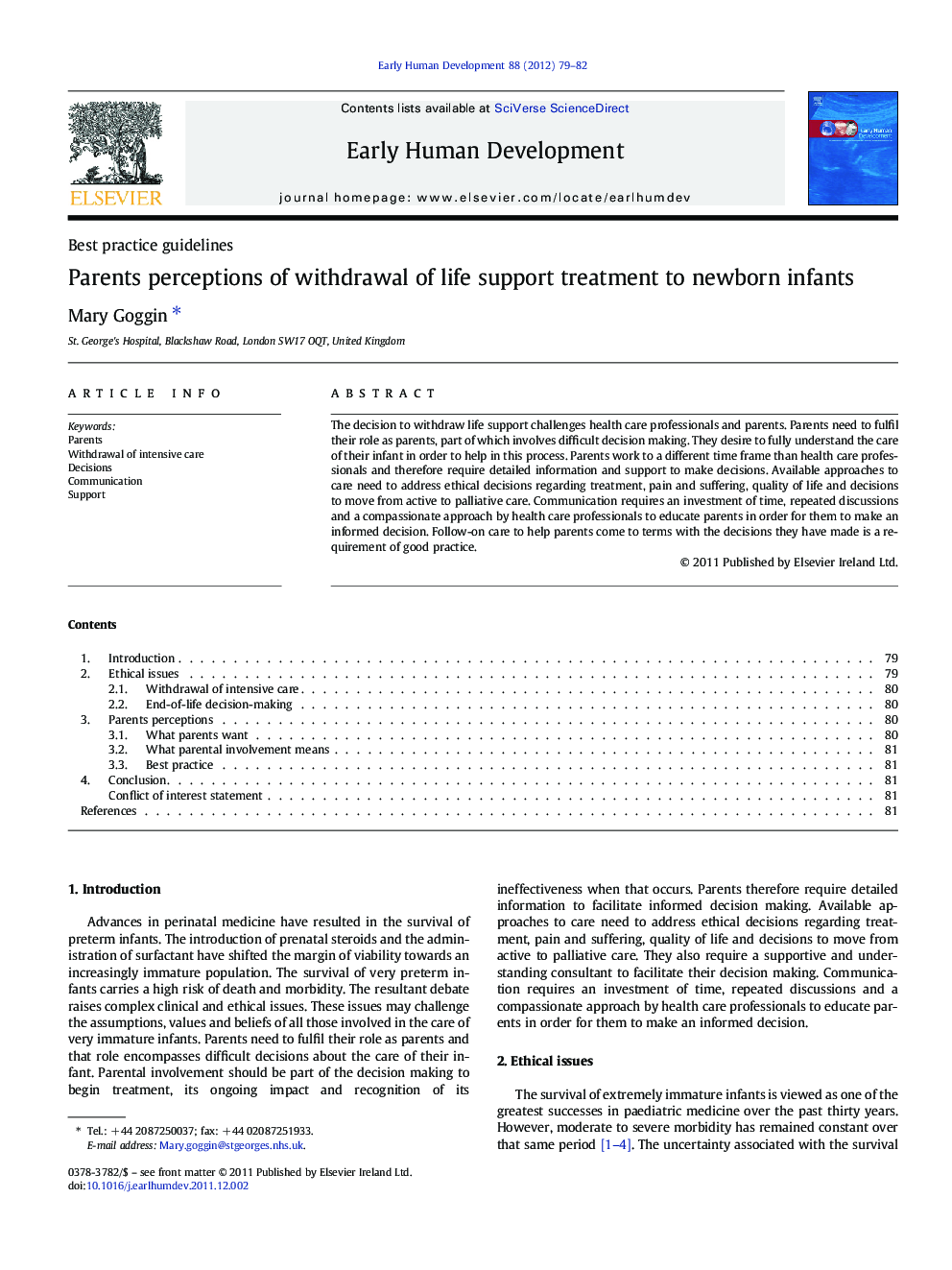 Parents perceptions of withdrawal of life support treatment to newborn infants