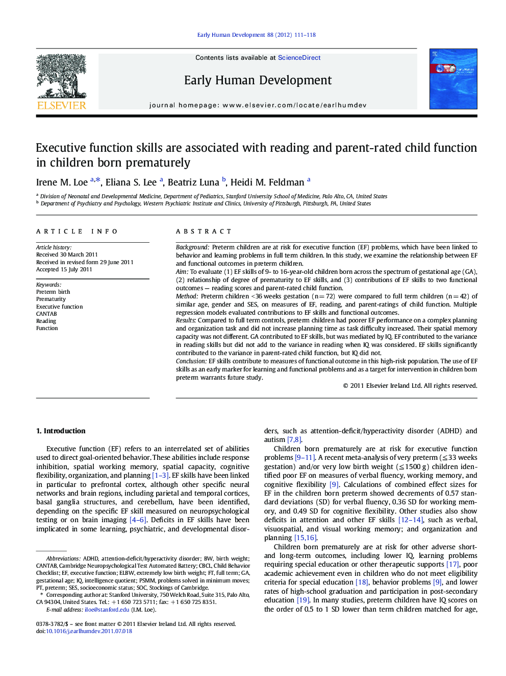 Executive function skills are associated with reading and parent-rated child function in children born prematurely